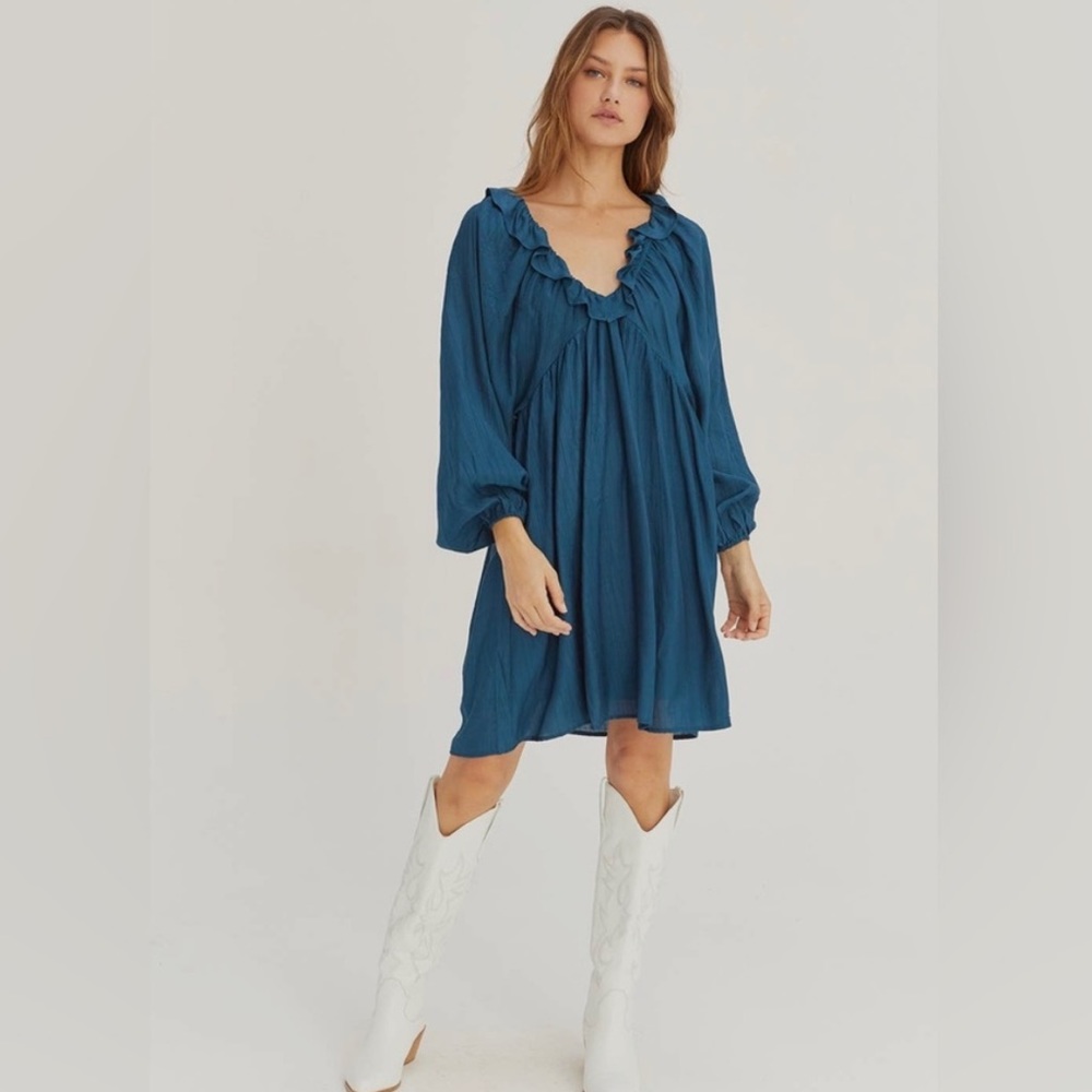 Teal Long Sleeve Ruffle V-Neck Dress
